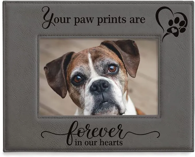 KATE POSH - Your Paw Prints are Forever in our Hearts. Engraved Leather Picture Frame. Memorial Pet Gift, Loss of Dog and Cat, Pet sympathy gift, In memory of (4" x 6" Horizontal)