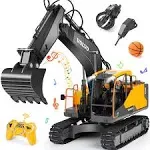 DOUBLE E Volvo RC Excavator 17 Channel 3 in 1 Construction Toys, 17 Channel Remote Control Vehicles Tractor Sandbox Toys Digger with Metal Shovel Drill Grab RC Truck for Kids Adults