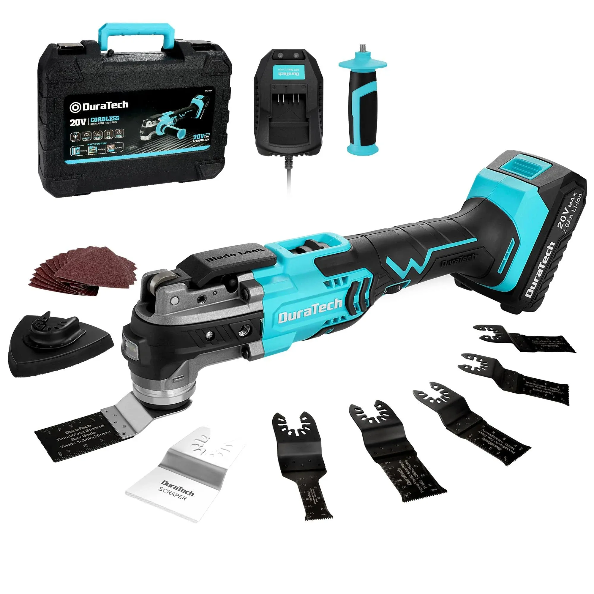 DURATECH Cordless Oscillating Tool, 20V Oscillating Multi Tool Kit with 6 Variable Speed, 3° Oscillation Angle, 24PCS Accessories, 2.0Ah Battery, Charger & Carrying Case, for Cutting, Scraping,Sanding