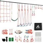 Slsy 60FT Ninja Warrior Obstacle Course (10 Obstacles), Ninja Slackline Kit for Kids, Durable Playset Equipment with 10 Complete Set-Monkey Bar,Swing, Climbing Ladder & Net