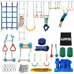 FAHKNS Ninja Warrior Obstacle Course for Kids, 65 ft Durable Slackline with 14 Obstacles-Swings, Monkey Bars, Arm Trainers and more, Weatherproof