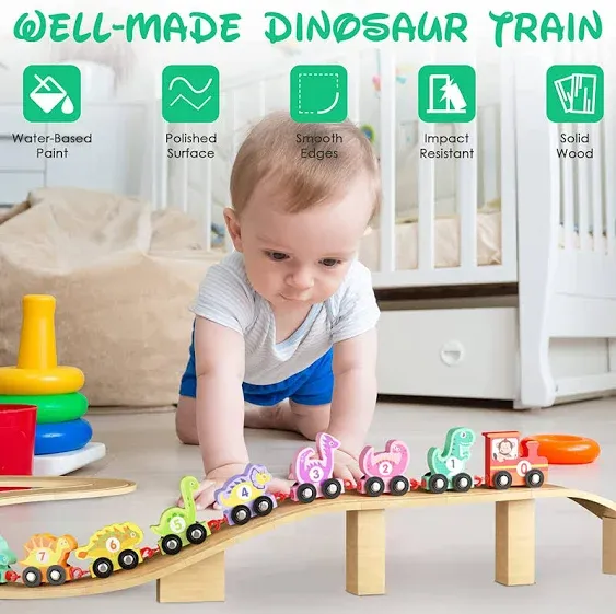 Wooden Dinosaur Train Set with Numbers,11 Pieces Train Cars Includes Locomotive ...