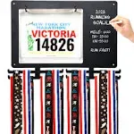 Medal Awards Rack Race Bib and Race Medal Hanger with Chalkboard, Display for Track, Marathons, Triathlons, Races, and more, Black