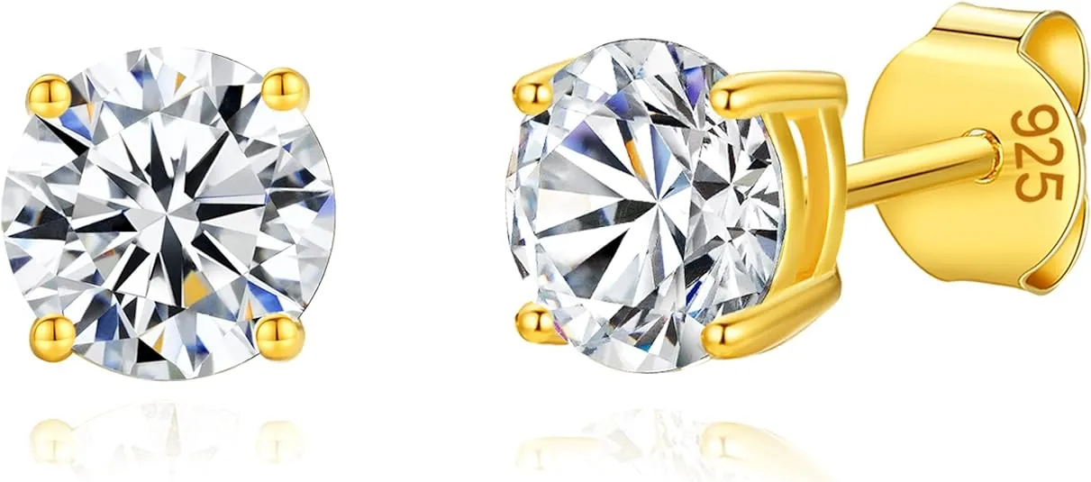 925 Sterling Silver 4 Prong Cubic Zirconia Stud Earrings for Women, Hypoallergenic, Sizes 2mm-6mm