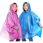 10 Pack Disposable Kids Rain Ponchos with Hood, Clear Plastic Raincoats, Pink, Blue (40.5 x 37 In)