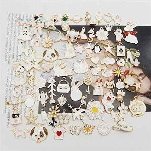 JJGQAZ Wholesales 80pcs(40PAIRS) Assorted Gold Plated WHITE Theme Enamel Dainty Dangle Pendants Charms for Earrings Jewelry Making Necklace Bracelet Craft Findings