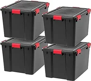 IRIS USA WeatherPro 74 Qt Storage Bins with Lids, 4 Pack, BPA-Free Plastic Gasket Box with Tight Latch and Seal, Stackable Nestable Tote Tub - Black/Red