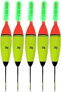 QualyQualy 5Pcs Lighted Fishing Bobbers EVA Foam Fishing Floats and Bobbers + 10Pcs Fishing Glow Sticks, Night Fishing Light Up Bobbers