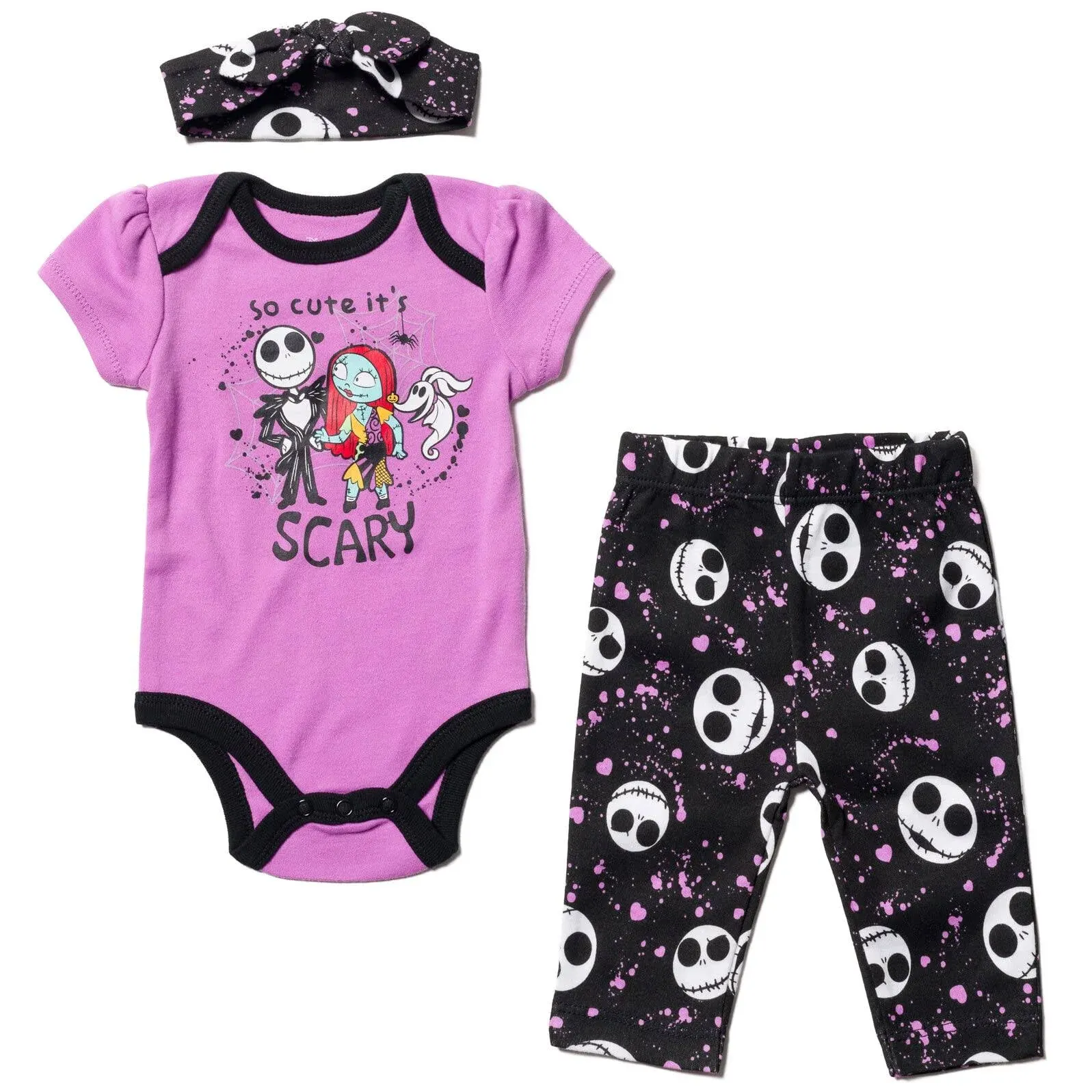 Disney Nightmare Before Christmas Zero Sally Jack Skellington Baby Girls Bodysuit Pants and Headband 3 Piece Outfit Set