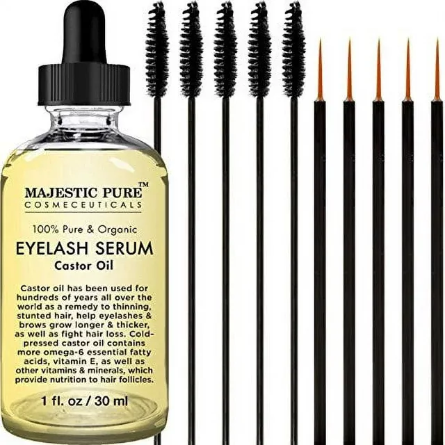 Majestic Pure Castor Oil for Eyelashes Growth Serum, Pure and Organic, Promotes Natural Eyebrows & Eyelash Growth, 1 fl oz - Free Set of Mascara Brush and Eyeliner Applicator