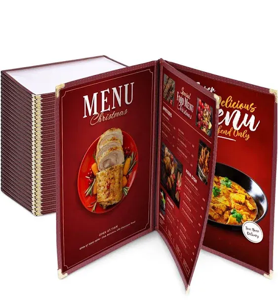 WeChef 30 Pack Restaurant Menu Covers 8.5 x 14" Book Style 3 Pages 6 Views PVC Transparent Restaurant Menu Holder Book Cafe Hotel Bar Burgundy