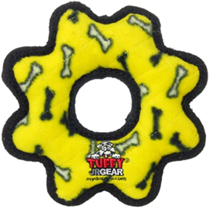 TUFFY- World's Tuffest Soft Dog Toy- Ultimate Gear Ring-Squeakers - Multiple Layers. Made Durable, Strong & Tough.Interactive Play (Tug,Toss & Fetch).Machine Washable & Floats. (Junior, Yellow Bone)