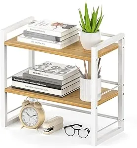 Office Desk Shelf Organizer, Wood Desktop Bookshelf Supplies Storage Rack, Shelf for Top of Desk and Dresser (White-2 Tier)