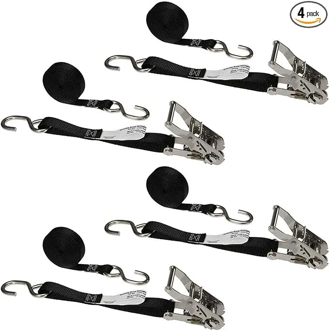 US Cargo Control Stainless Steel Ratchet Straps with S-Hooks (4-Pack), 1 Inch x 10 Foot, Black Ratchet Straps with Stainless Steel Wide Handle Ratchet, Utility Straps for Cargo, Bikes, ATVs, Boats