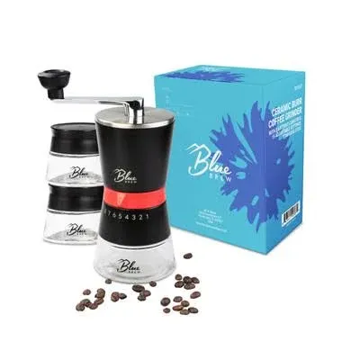 Blue Brew Coffee Grinder Manual, Hand Coffee Grinder w/Ceramic Burr & 15 Adjustable Coarseness, 2 Airtight Glass Jar with Lid, Portable Conical Burr Coffee Grinder for Camping, Home&Traveling (BB1007)