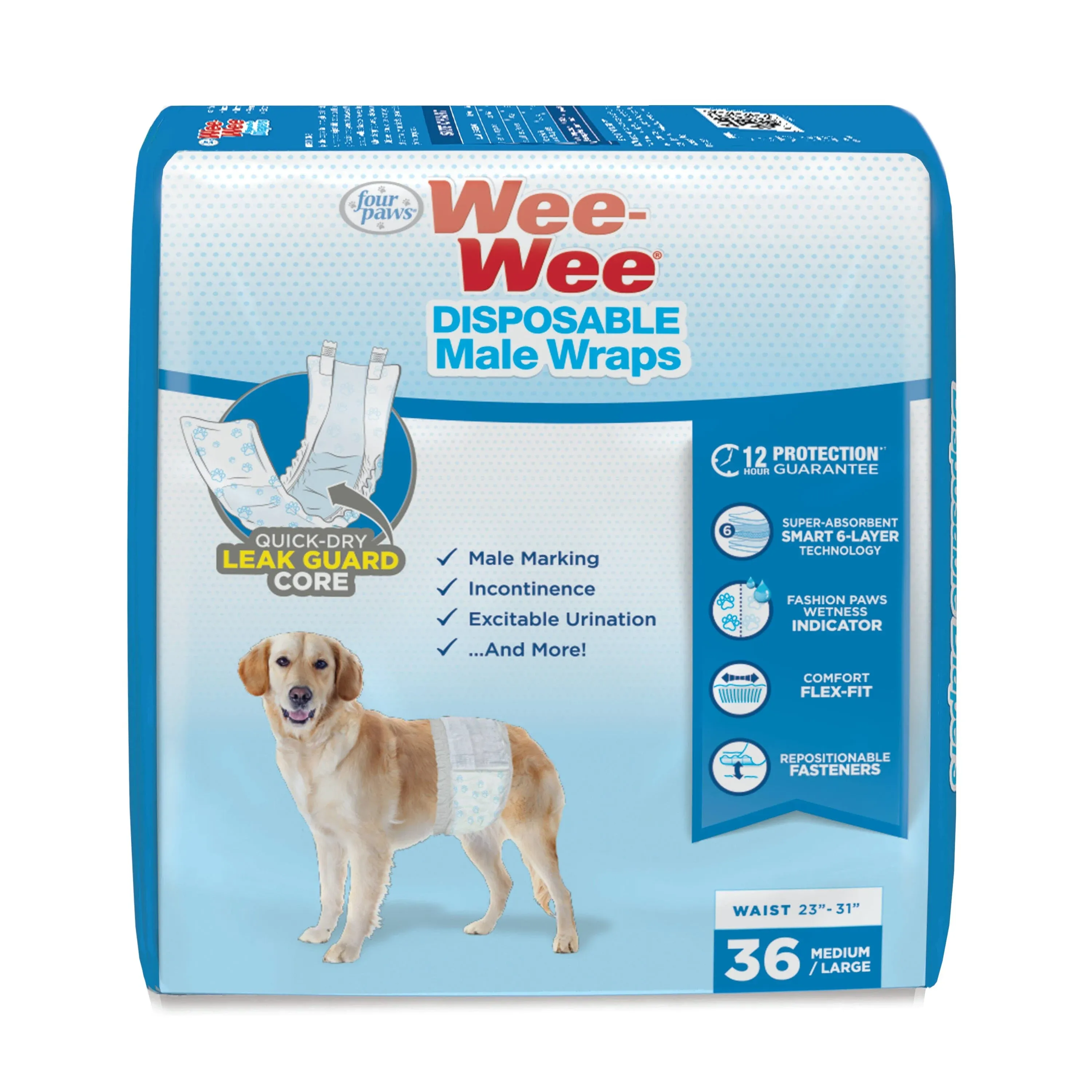 Four Paws Wee-Wee Disposable male Dog Wraps 36 Count Medium - Large