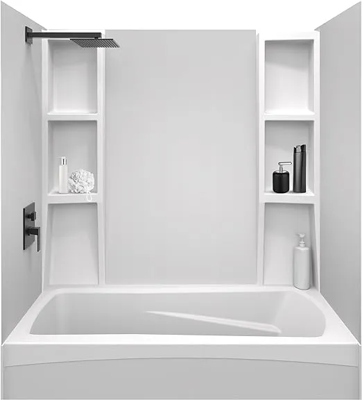 White Tub Wall Surround - Waterproof, Easy-to-Install, Two Shelf Units Kit Included Bathtub Wall Surround Panels, (Plain Pattern, Basic Shelves) Polystyrene Wall, 58"