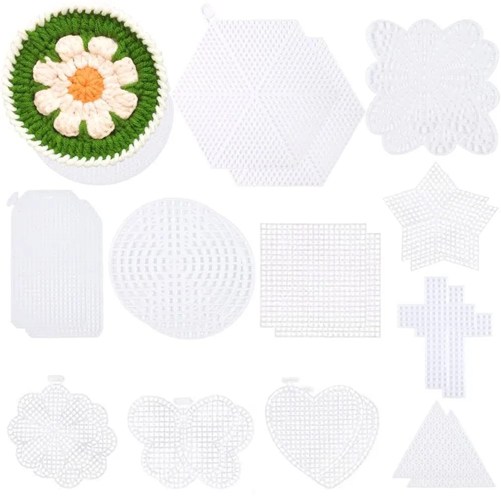 SnowTing 24 Pcs Mesh Plastic Canvas Sheets 12 Shapes Hexagon Circle Round Butterfly Flower Heart Star Cross Needlework Blank Plastic DIY Crafts