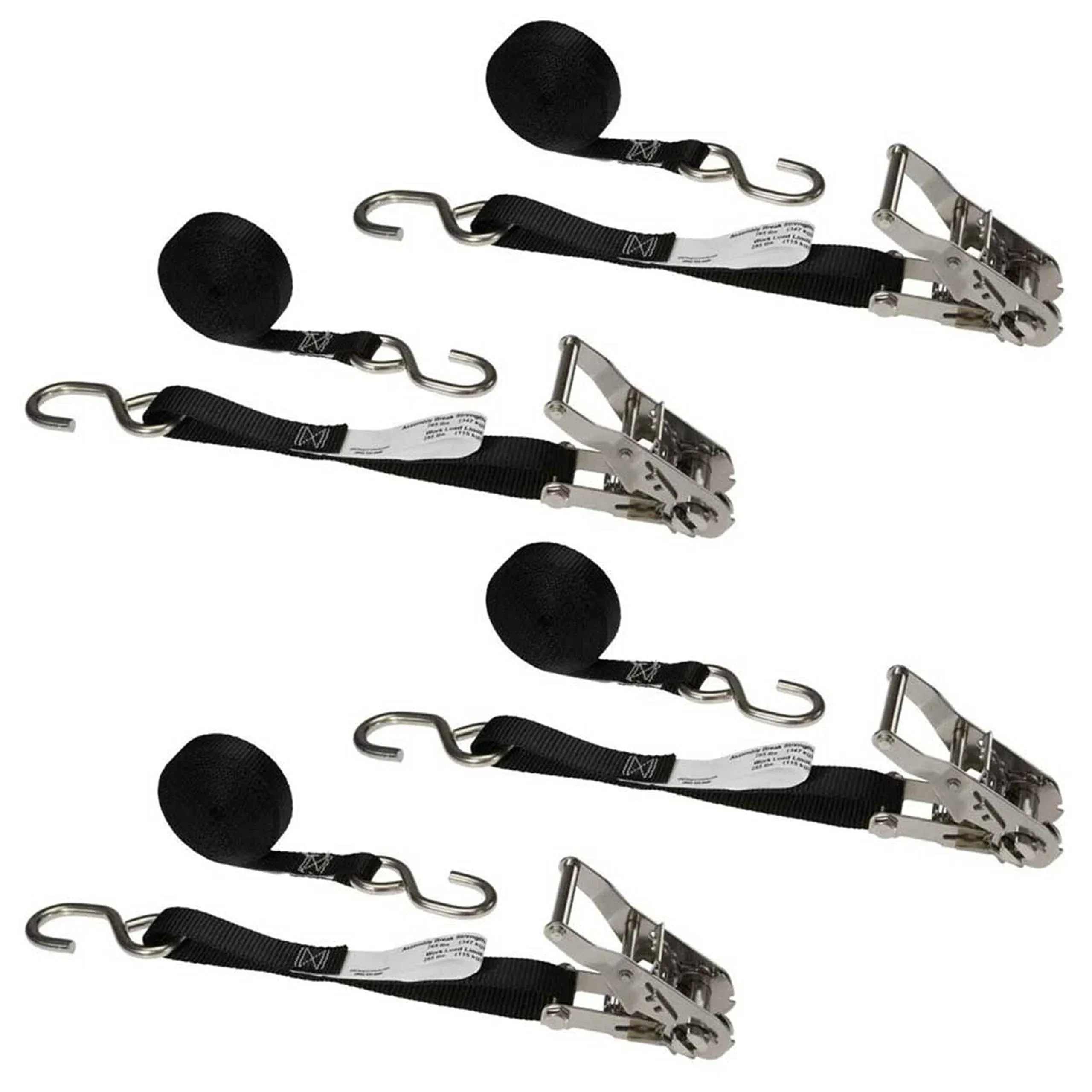 US Cargo Control Stainless Steel Ratchet Straps with S-Hooks (4-Pack), 1 Inch x 10 Foot, Black Ratchet Straps with Stainless Steel Wide Handle Ratchet, Utility Straps for Cargo, Bikes, ATVs, Boats