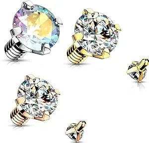 3 Pc 14G 3 Color CZ Gold Yellow Gold Prong Set Dermal Anchor Tops 4 mm 