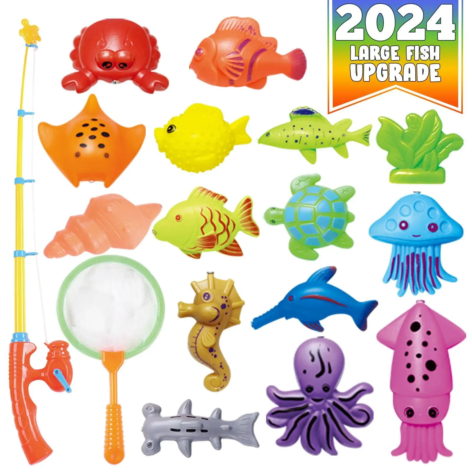 CozyBomB Kids Fishing Bath Toys Game - 17pcs Magnetic Floating Toy Magnet Pole Rod Net, Plastic Floating Fish - Toddler Educa