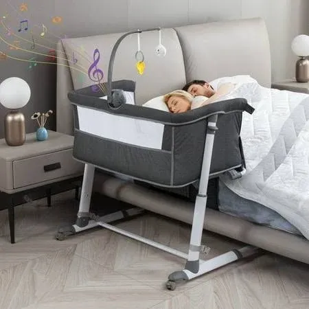 Yacul Baby Bassinet, Bedside Crib Sleeper with Wheels and Music Box, Breathable Mesh Height Adjustable Baby Bedside Sleeper, Portable, Dark Gray