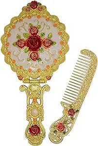 Nerien Vintage Mirror Comb Set Metal Antique Rose Style Handheld Makeup Mirror Travel Round Folding Cosmetic Mirror Women's Vanity Handle Foldable Mirror Decorative Tabletop Mirror Gold-1