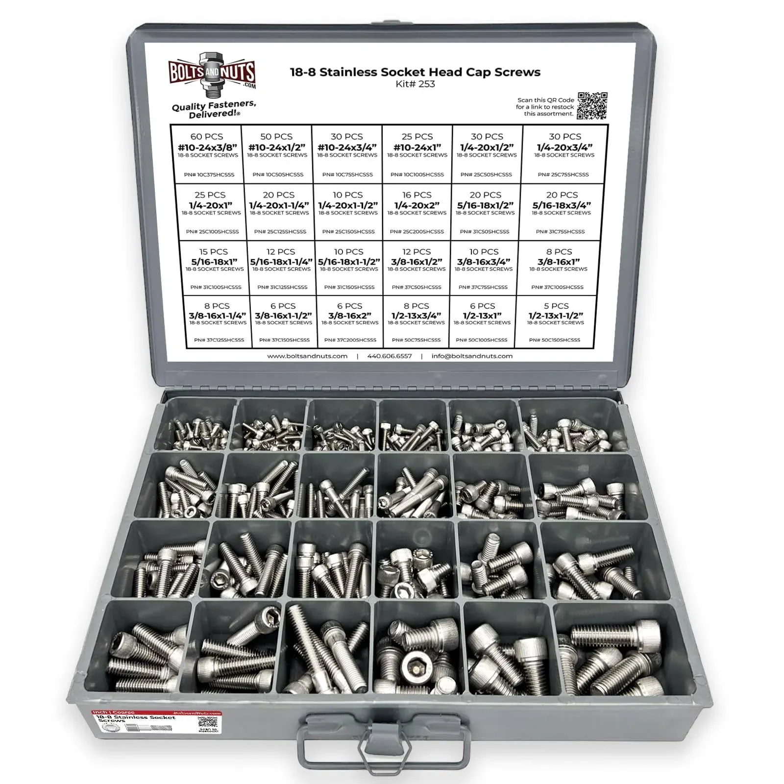 BoltsandNuts.com inch 18-8 Stainless Steel Allen Socket Head Cap Screws Coarse Bolts Assortment - 453 Pcs