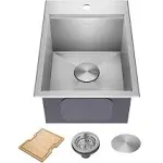 Kore 15" Drop In Single Basin Stainless Steel Bar Sink with Basket Strainer and Cutting Board