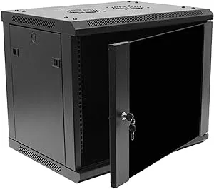 NavePoint 9U Server Rack Enclosure - 17.7” Deep, 9U Wall Mount Network Cabinet with Locking Glass Door for 19” IT Equipment, 9U Network Rack with 2 Fans, Removable Side Panels, Black