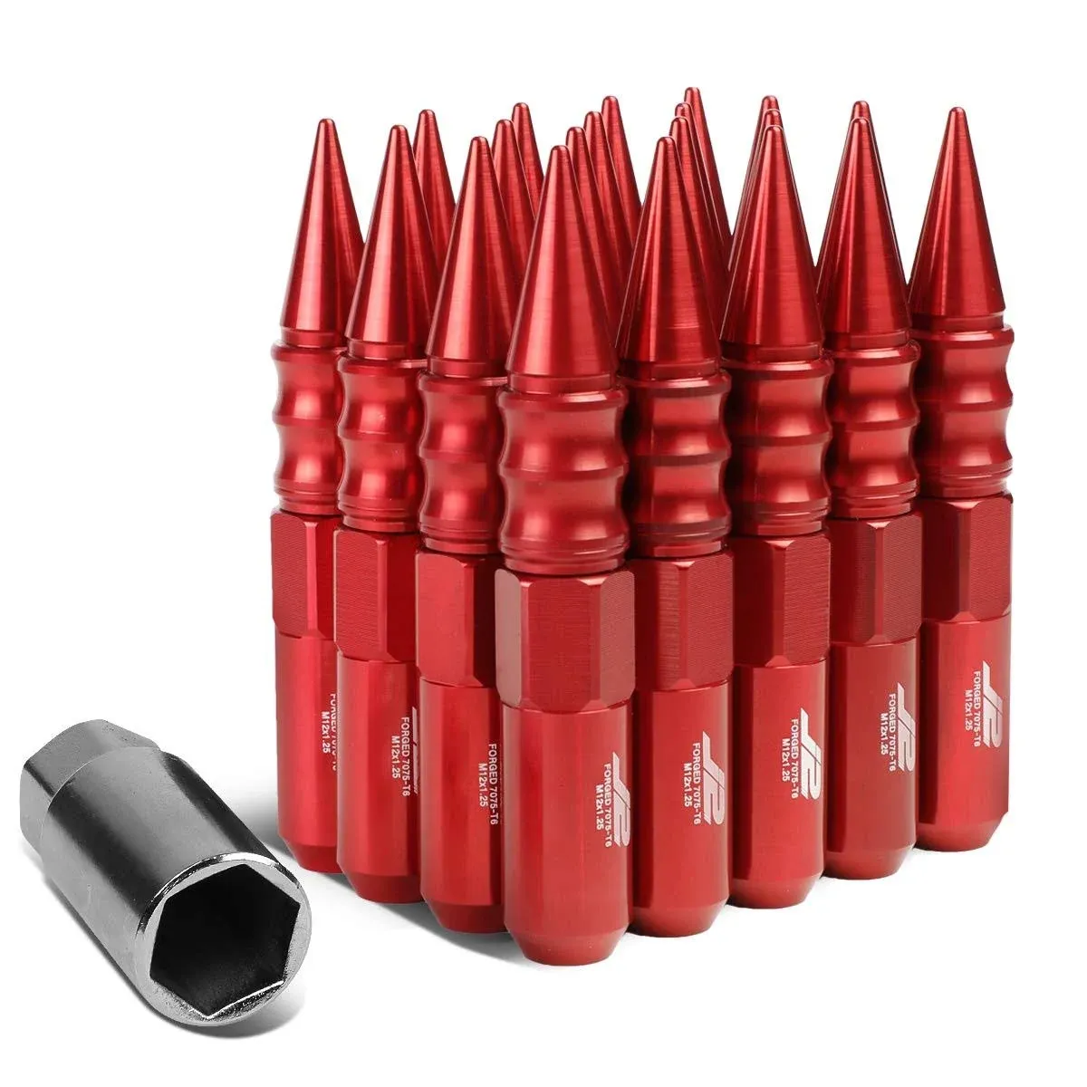 J2 Engineering LN-T7-015-125-RD 20pcs M12 x 1.25 7075-T6 Aluminum 123mm Spiked Cap Lug Nut w/Socket Adapter (Red)