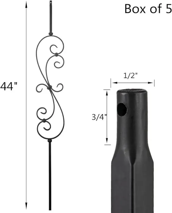 S10 - Wrought Iron Balusters – Set of 5 Deck Balusters - Decorative Metal Balusters for Decks – "S" Scroll - 1/2-inch Hollow Iron Spindles – Satin Black Metal Railing