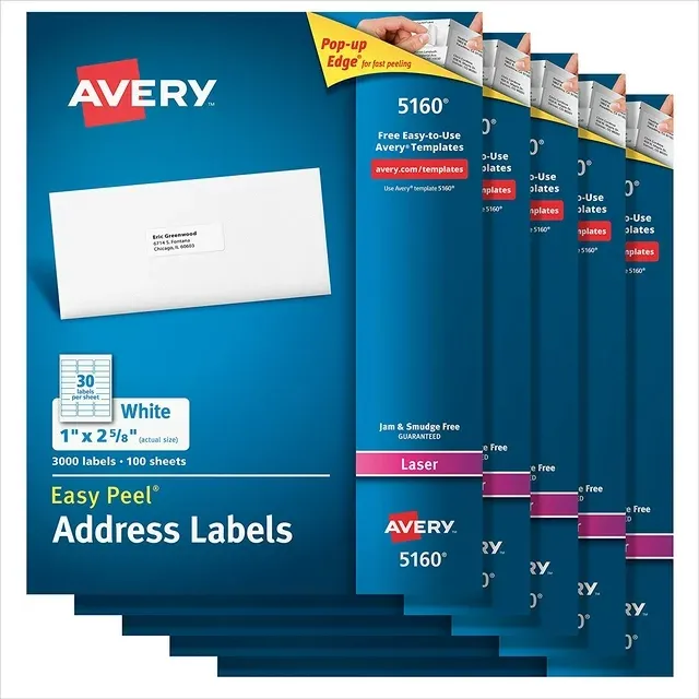 Easy Peel Mailing Address Labels Laser 1 x 2 5/8 White 3000/Box 5160