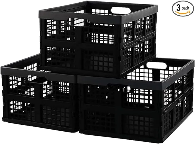 30 L Plastic Collapsible Crate Set of 3 Folding Crate Storage Box Black