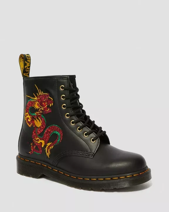 1460 Leather Dragon Embroidered Lace Up Boots