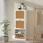 Anmytek Rattan Shoe Cabinet, Entryway Cabinet Wooden Shoe Rack with 2 Flip Drawers, 2-Tier Shoe Storage Cabinet for Entryway Hallway, White S0002