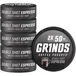 Grinds Coffee Pouches | 6 Cans of Double Shot Espresso | 18 Pouches per Can | 2x Caffeine 1 Pouch eq. 1/2 Cup of Coffee