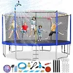 Upgraded 10/12/14/15/16FT Trampoline Outdoor, Large Kids Trampoline with Light, Stakes, Sprinkler, Backyard Trampoline with Basketball Hoop and Net, Capacity for 4-6 Kids and Adults