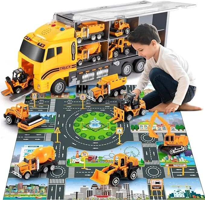 TEMI Toddler Toys for 3 4 5 6 Years Old Boys, Die-cast Construction Toys Car Carrier Vehicle Toy Set w/ Play Mat, Kids Toys Truck Alloy Metal Car Toys Set for Age 3-9 Toddlers Kids Boys & Girls