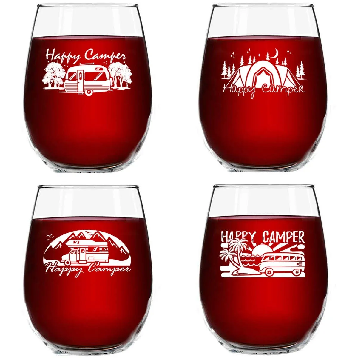 Set Of 4 Happy Camper Wine Glasses 15 Oz Cute Birthday Present For Camping Lov