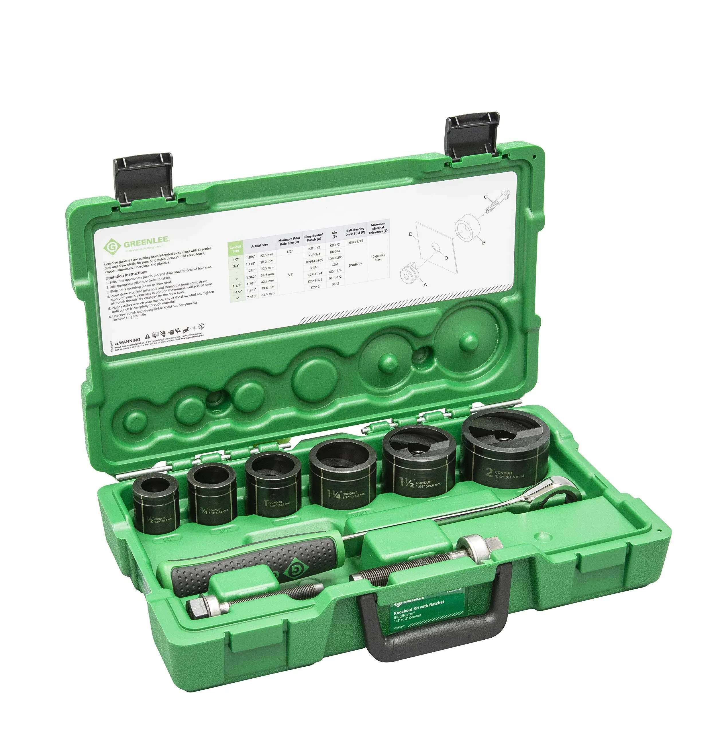 Greenlee 7238SB Slug-Buster Knockout Punch Kit with Hex Ratchet Wrench, 1/2" to 2" Punches, and 7/16" and 3/4" Draw Studs, Electrical Conduit Hole Cutter Kit