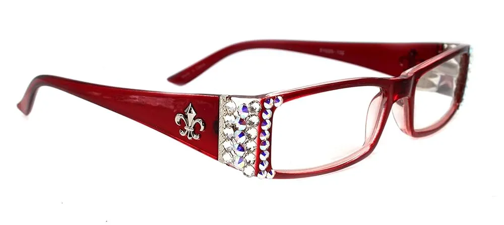 The French, (Bling) Fleur De Lis Women Reading Glasses Adorned with (Clear + Aurora Borealis) Austrian Crystals, Magnifying (Red) Rectangular. NY Fifth Avenue.