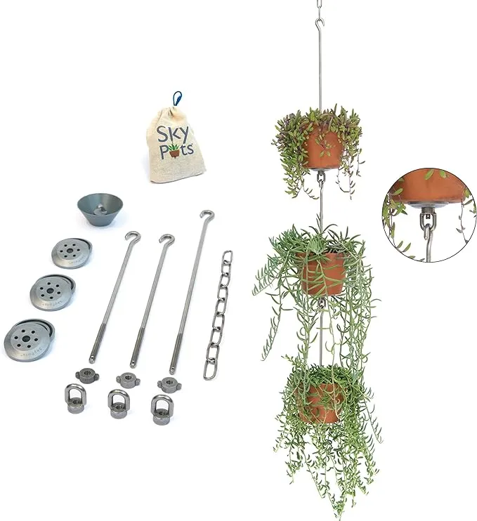 — Three Pack, Pot Hanger Kits + Accessories - Hang and Connect Your Clay Pots, Stainless Steel - Indoor Outdoor - Connectable Hanging Planter Vertical Garden w/Drainage for Healthy Plants