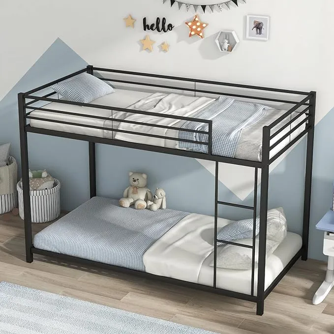 KOMFOTT Metal Low Bunk Bed Twin Over Twin, Heavy Duty Bunk Bed Frame with Ladder & Full-Length Guardrails, Metal Slatted Floor Bed Frame for Teens & Adults, No Box Spring Needed (Black)