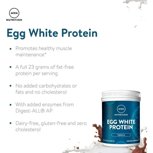 MRM Nutrition Egg White Protein | Vanilla Flavored | 23g Fat-Free Protein | with Digestive enzymes | Highest Biological Value | Clinically Tested | 20 Servings