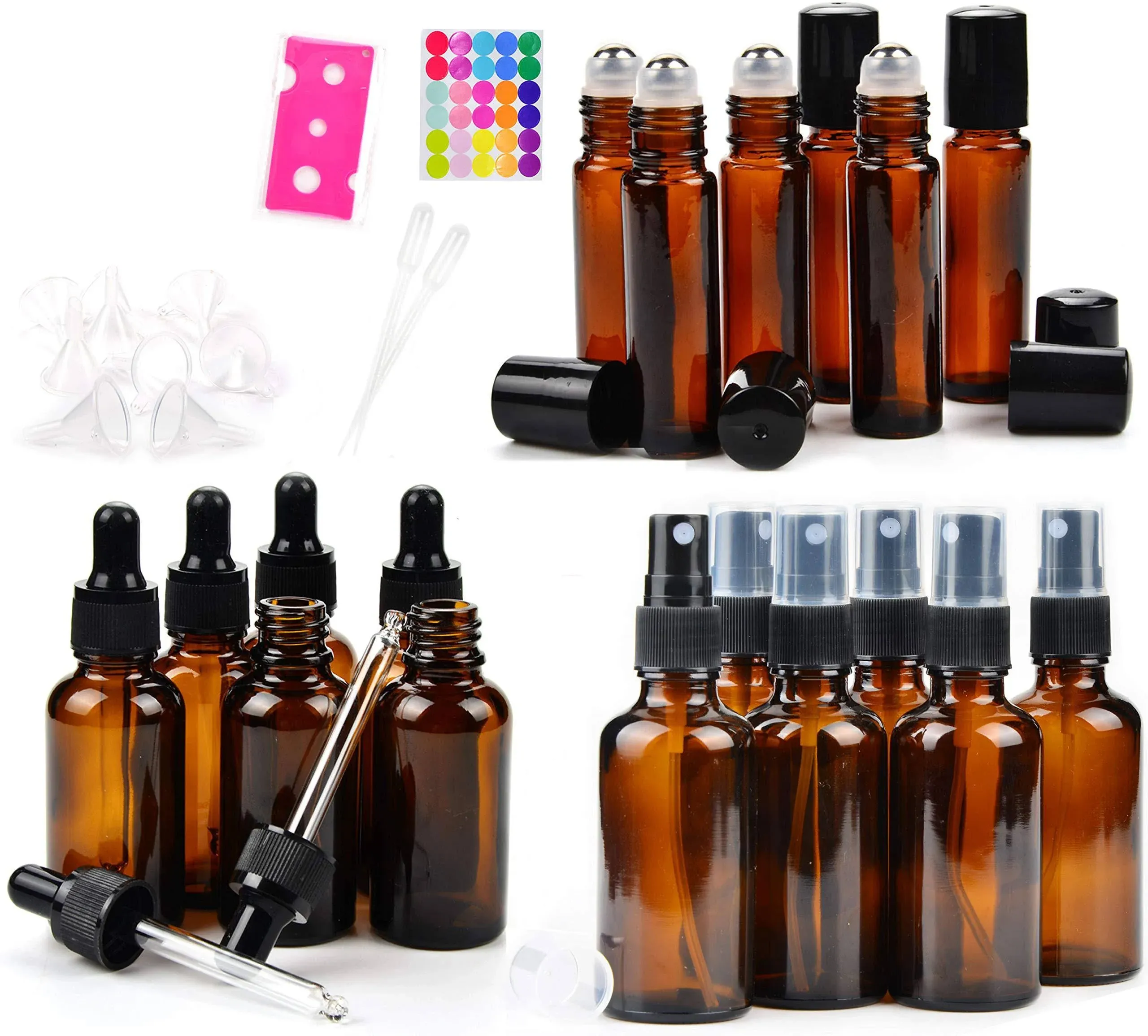 Youngever 18 Amber Glass Essential Oil Bottles Bundle, 6 Dropper Bottles 1 Ounce, 6 Spray Bottles 2 Ounce, 6 Stainless Steel Roller Bottles for ES