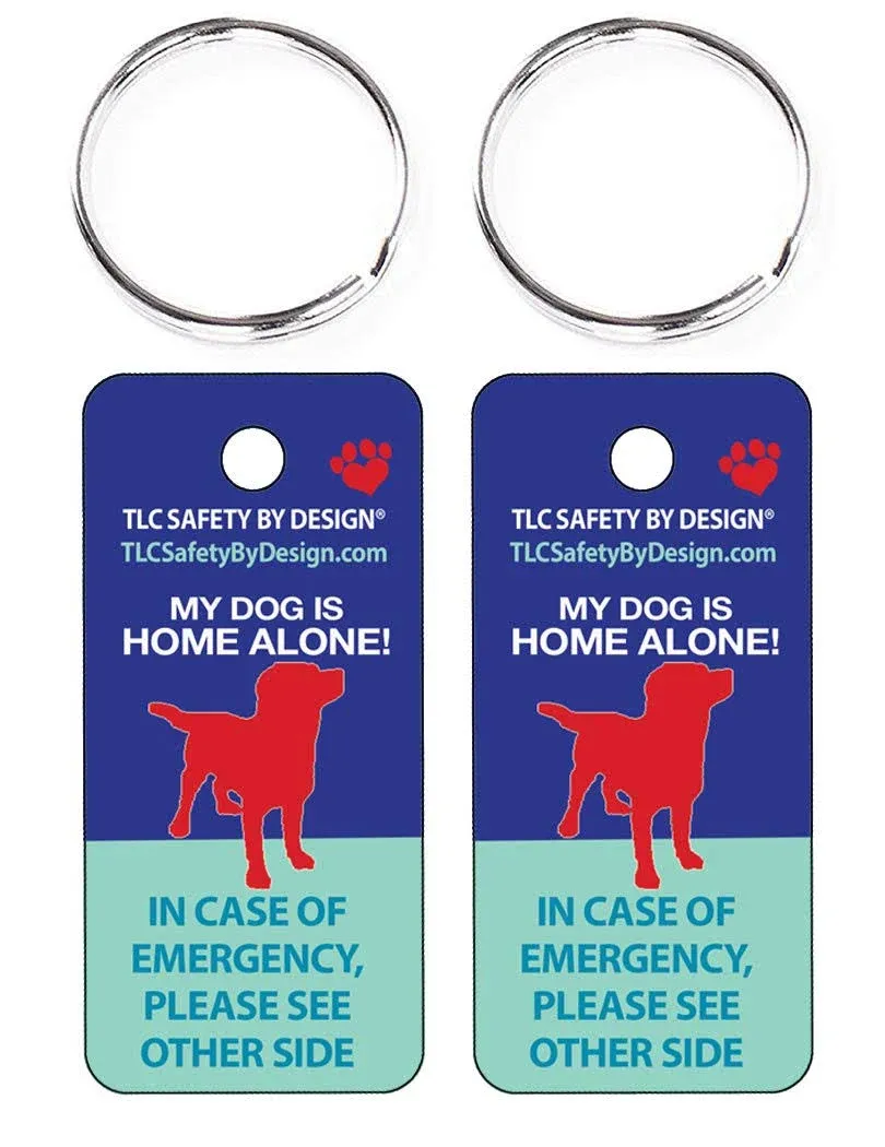 TLC Safety By Design 2 Pk. Key Tags and Keychain Rings Trademarked My Dog is Home Alone Alert Emergency Medical ICE ID Plastic with Emergency Contact Call Card (Qty. 1)