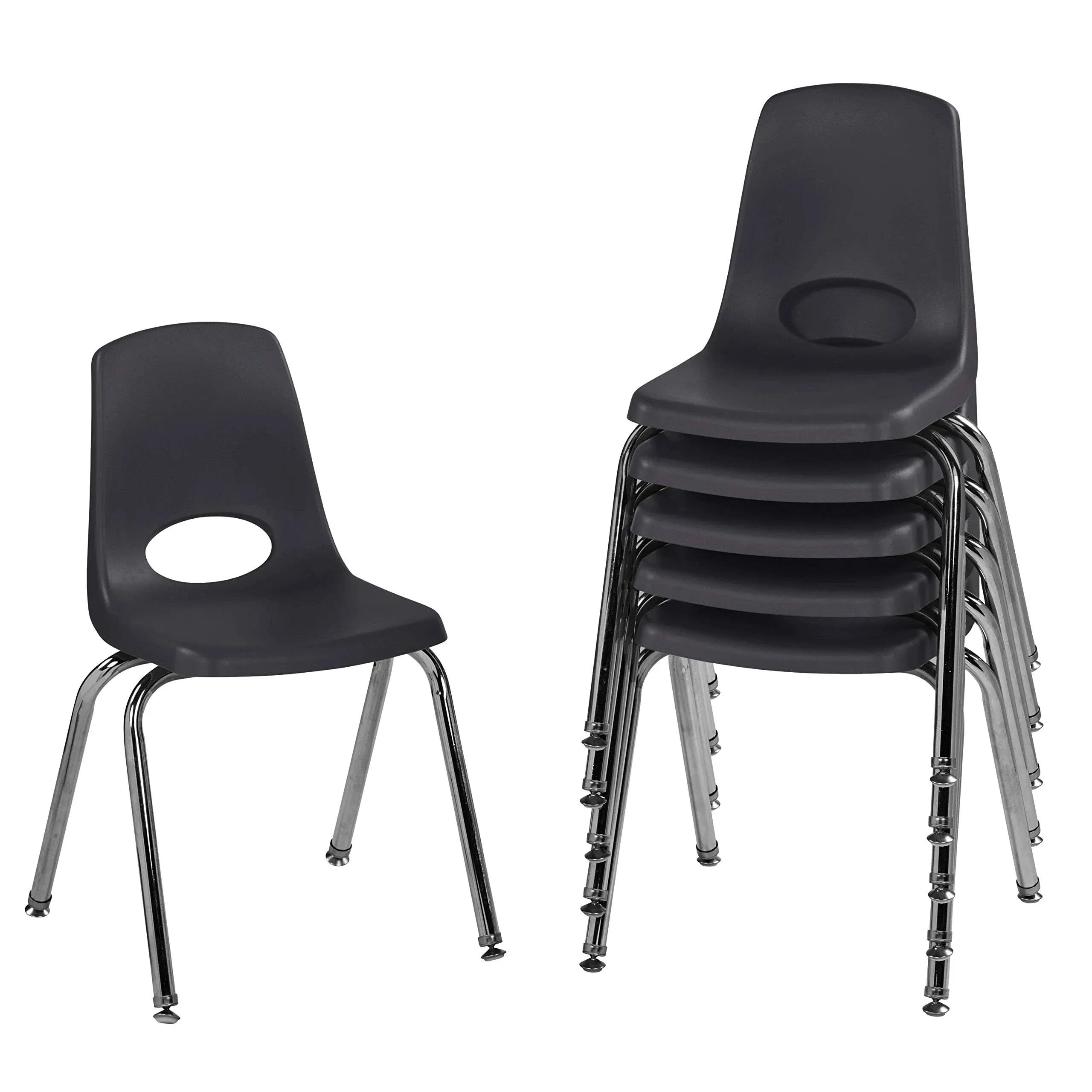 Factory Direct Partners 10368-BK 16" School Stack Chair, Stacking Student Seat with Chromed Steel Legs and Nylon Swivel Glides for in-Home Learning or Classroom - Black (6-Pack)