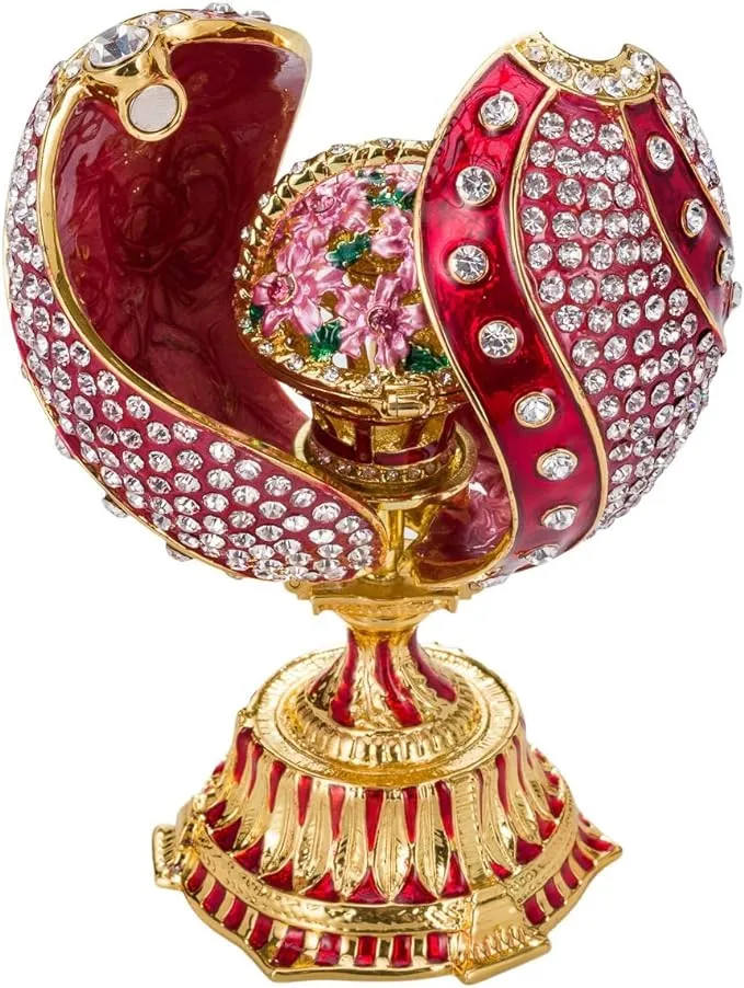 Danila-souvenirs Faberge Style Twisted Egg with Basket of Flowers 4.8'' (12 cm) Red