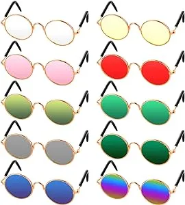 10 Pieces Cat Dog Sunglasses Funny Pet Glasses Round Metal Cat Classic Retro Sunglasses Pet Hippie Cute Dog Cat Cosplay Party Costume Photo Props Cosplay Glasses (Mixed Color)